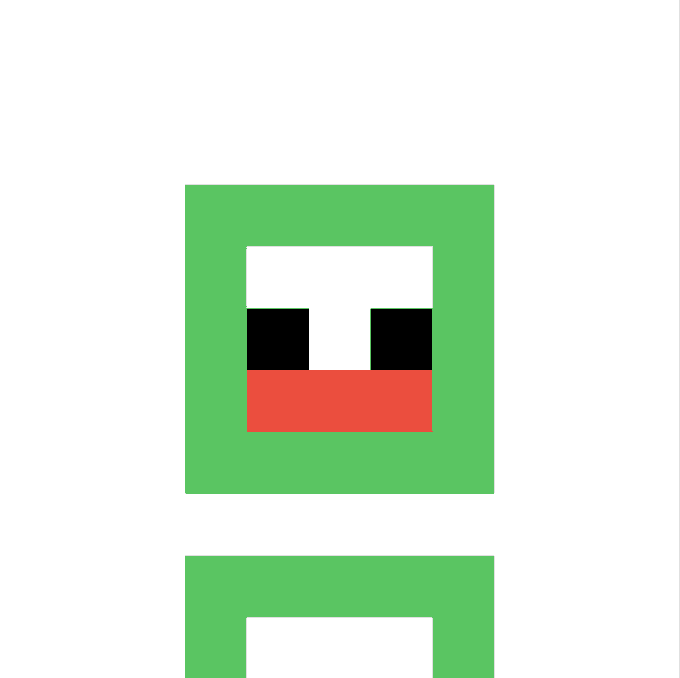 A simple pixel-art style green character face with black eyes and a red mouth/mask against a white background.