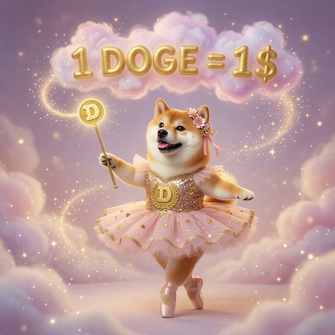 A Shiba Inu dog dressed as a ballerina holds a wand with a Doge coin, seemingly conjuring the dream of "1 DOGE = 1$". This image visually represents the aspirational goal of Dogecoin reaching $1, as mentioned in the accompanying post.