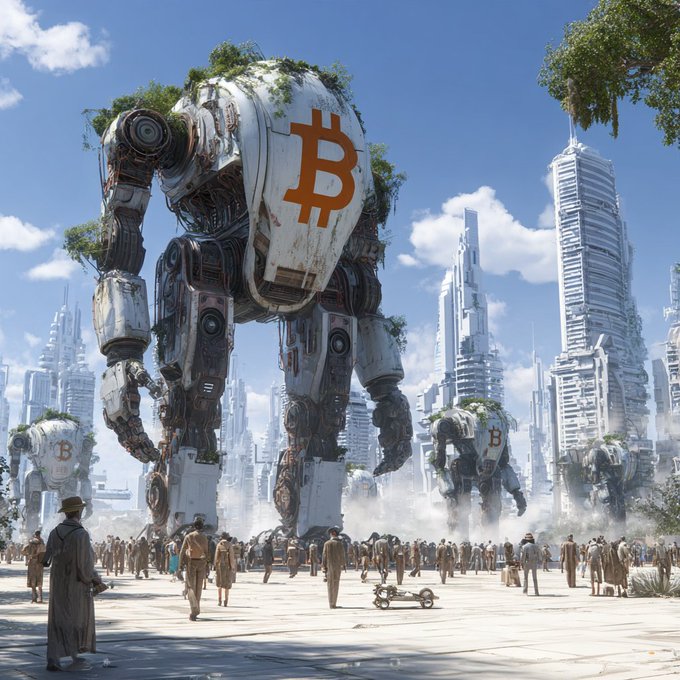 A towering, overgrown robot emblazoned with the Bitcoin (₿) logo looms over a futuristic cityscape as crowds of people gather below, symbolizing Bitcoin's dominant presence in the crypto world—perfectly matching the "GM FAM!" post celebrating Bitcoin's strength and Friday energy.