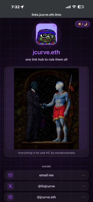A mobile screenshot of a Linktree profile page for "jcurve.eth" with the tagline "one link hub to rule them all," featuring an NFT artwork titled "everything is for sale #2" by mendezmendez, alongside social links for email, @0xjcurve, and @jcurve.eth.
