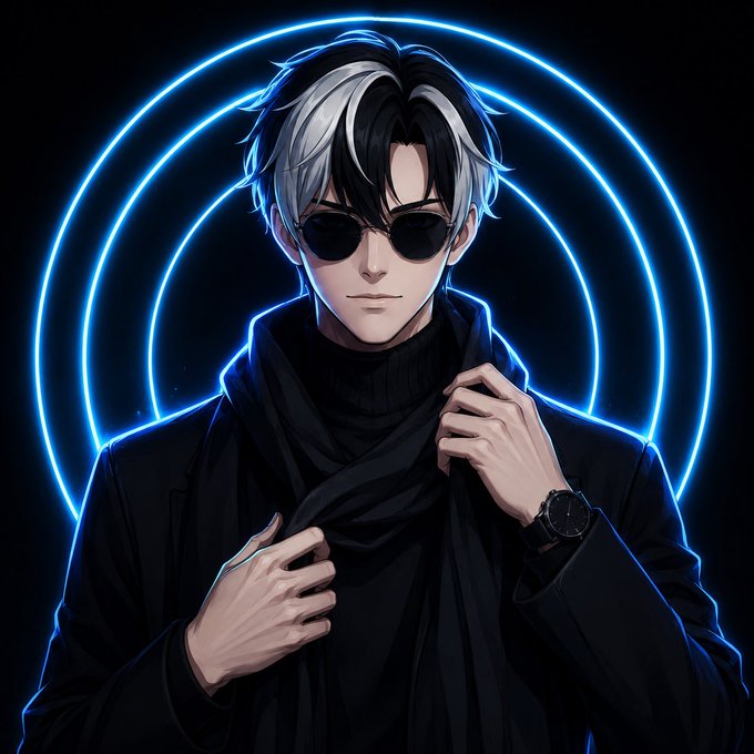 The image features an anime character wearing sunglasses, a black jacket or coat, and a scarf around their neck. The character appears to be posing for the camera with one hand on their hip and the other hand adjusting their scarf. The background of the image is dark blue, which contrasts with the white hair of the anime character. There are also neon circles in the background that add an artistic touch to the overall composition. The post includes a caption about locking the Twitter handle "@wallchain" and mentions "gn CT today was a great day but tomorrow will be greater don't forget to lock tf in on @wallchain see you tomorrow fam".