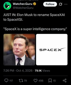 A screenshot of an X (Twitter) post from Watcher.Guru stating 'JUST IN: Elon Musk to rename SpaceXAI to SpaceXSI' with a quote about SpaceX being a super intelligence company.