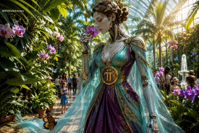 An ornate AI-generated illustration of a cyborg-like woman in an elegant teal and purple gown standing in a lush greenhouse garden with orchids and butterflies, branded with the Pi logo and @PiWeb3Army.