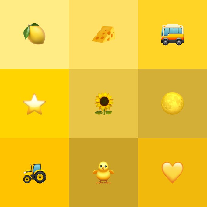 A 3x3 grid of emoji-style illustrations on yellow backgrounds, featuring a lemon, cheese wedge, bus, star, sunflower, moon, tractor, chick, and yellow heart.