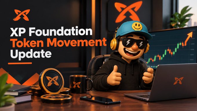 A cheerful 3D cartoon character wearing a blue cap with a smiley face, sunglasses, and yellow headphones gives a thumbs-up at a desk featuring XP tokens, a coffee mug, a smartphone, and a laptop displaying a rising green price chart, with text reading "XP Foundation Token Movement Update" and the XP logo in the background, visually reinforcing the post's announcement about 583,600 $XP tokens being transferred from the XPHERE Foundation wallet on September 14 to support upcoming marketing campaigns.