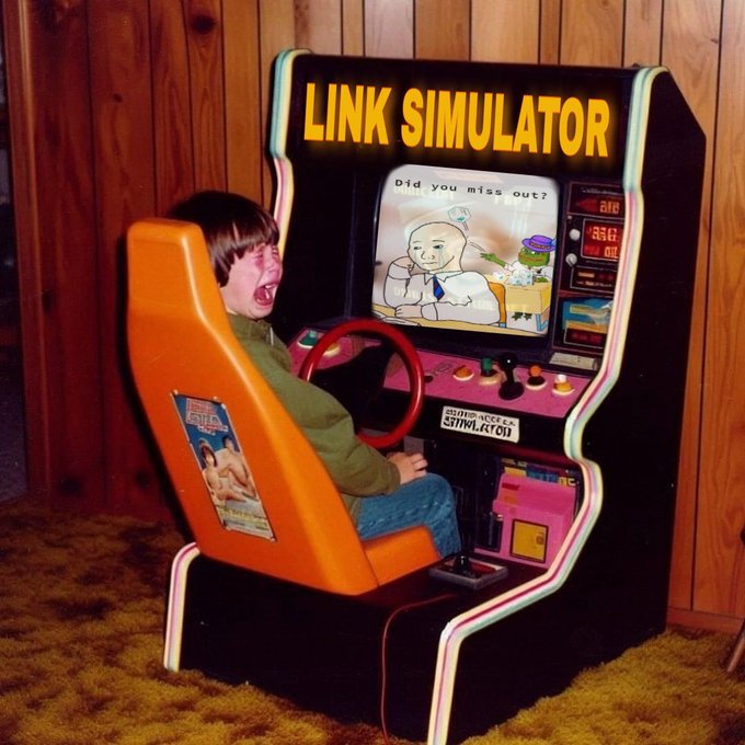 A nostalgic photograph of a child laughing hysterically while sitting in an orange 'LINK SIMULATOR' arcade machine that displays a cartoon character and 'Did you miss out?' on the screen, set against a wood-paneled wall.