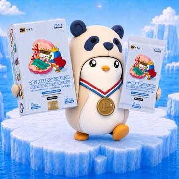 A promotional image featuring a penguin mascot wearing a medal standing on an iceberg, holding two ROBOTRON pop-up books against a blue sky background.