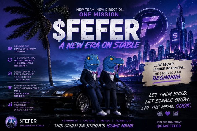 A promotional poster for the $FEFER meme token on the Stable blockchain, featuring two anthropomorphic dinosaurs in suits and tags like "NEW TEAM. NEW DIRECTION. ONE MISSION." and "THIS COULD BE STABLE'S ICONIC MEME."