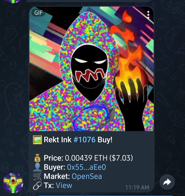 A screenshot of a GIF notification showing the purchase of "Rekt Ink #1076" for 0.00439 ETH ($7.03) by buyer 0x55...aEe0 on OpenSea, featuring a colorful hooded figure with a menacing face holding fire—visually reinforcing the message of persistent $INK accumulation despite the "rekt" (loss) theme of the NFT.