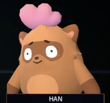 A 3D animated brown raccoon-like character with a pink tuft of hair on its head, with a subtitle reading 'HAN'.