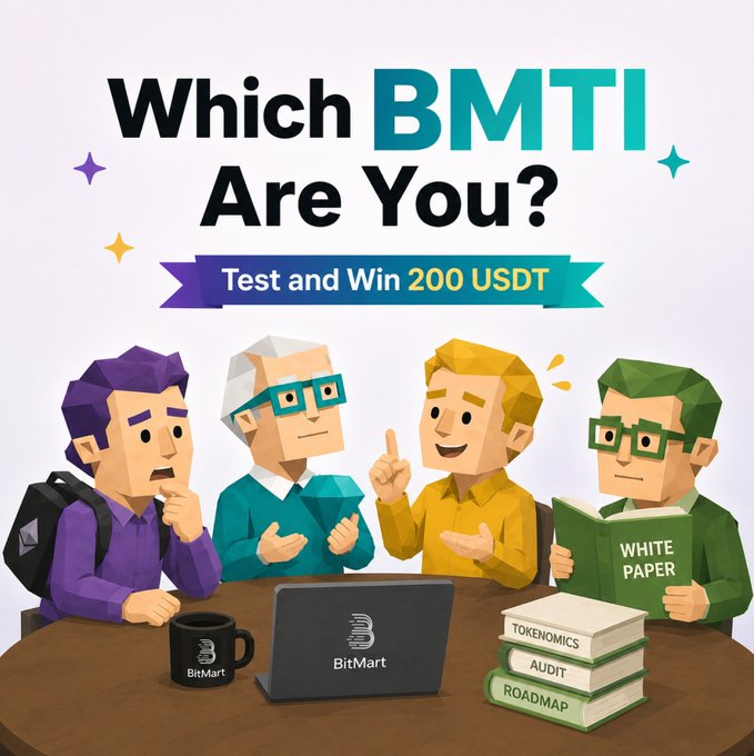 Four low-poly cartoon characters sit at a table with a BitMart laptop, a "BitMart" mug, and books labeled "Tokenomics," "Audit," "Roadmap," and "White Paper," under the heading "Which BMTI Are You? Test and Win 200 USDT" — a visual tie-in to BitMart's crypto personality quiz promotion.