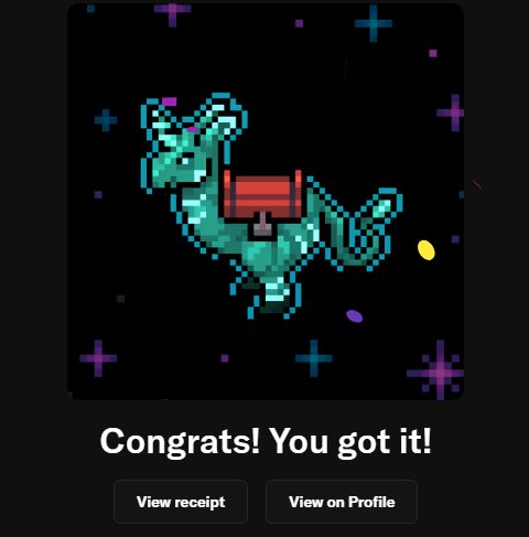 A pixel art graphic displays a teal creature with a saddle against a dark starry background, with text reading 'Congrats! You got it!' alongside buttons to 'View receipt' and 'View on Profile'.