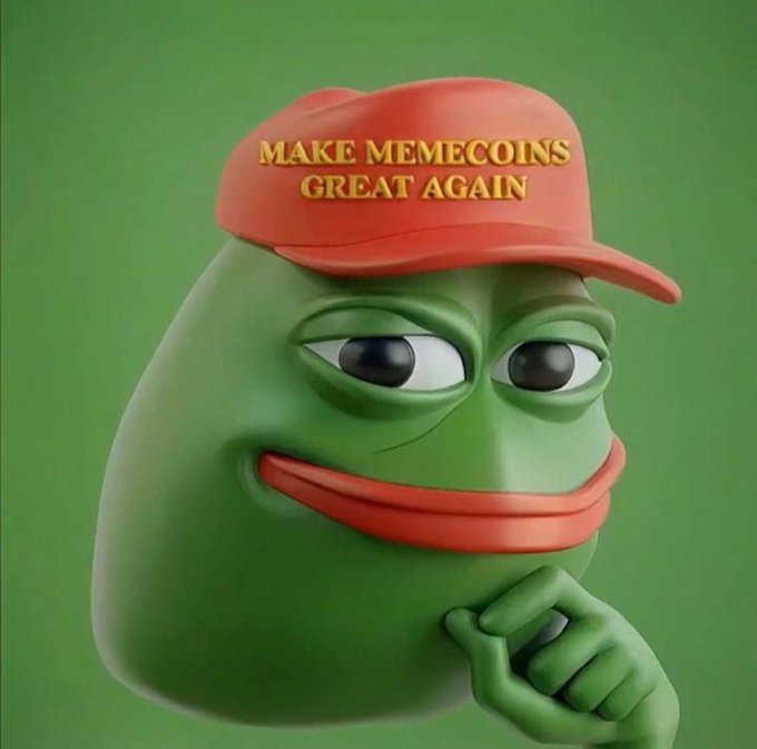 A 3D-rendered Pepe the Frog wears a red "MAKE MEMECOINS GREAT AGAIN" hat and strikes a smug thinking pose against a green background. The image aligns with the post's optimistic prediction that Pepe ($PEPE) could surge to astronomical prices during the upcoming memecoin season and bull run.
