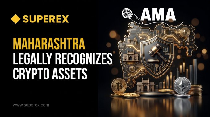 A banner for 'SUPEREX' with the text 'MAHARASHTRA LEGALLY RECOGNIZES CRYPTO ASSETS' next to a gold emblem featuring a gavel, Bitcoin, and Ethereum coins.
