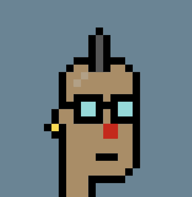 A pixel art illustration of a person with tan skin, black glasses, a mohawk-like hairstyle, and an earring, set against a solid blue background.