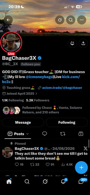 A screenshot of an X/Twitter profile for "BagChaser3X" (@BC_3X), a Live account with 5.2K followers promoting grass-touching tutorials and business DMs, with a pinned post about bread.
