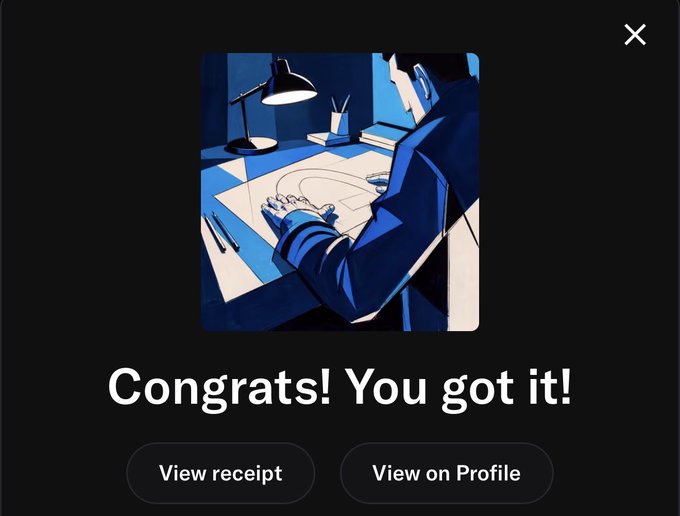 A pop-up screen displaying the message 'Congrats! You got it!' alongside an illustration of a person in a VR headset drawing at a desk, with buttons to 'View receipt' and 'View on Profile'.