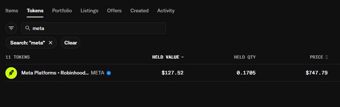 A Robinhood portfolio screenshot shows a search for "meta" displaying Meta Platforms (META) with a held value of $127.52 from 0.1705 shares purchased at $747.79 per share. The image illustrates the user's excitement about profiting $127 on their early investment, likely through an airdrop or token distribution from the MusetownRH project.