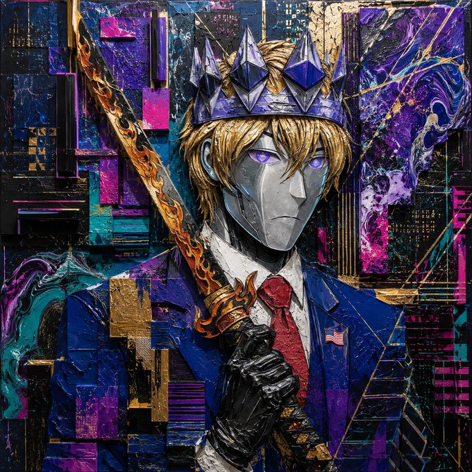 A digital art-style portrait of a crowned, masked figure holding a flaming sword against a purple, tech-themed background.