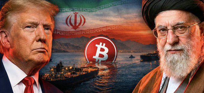 A stylized image shows Donald Trump on the left and Iran's Supreme Leader Ayatollah Khamenei on the right, flanking an Iranian flag, a Bitcoin logo, and warships at sea, visually representing the US government's plan to seize approximately $1 billion in cryptocurrency linked to Iran.