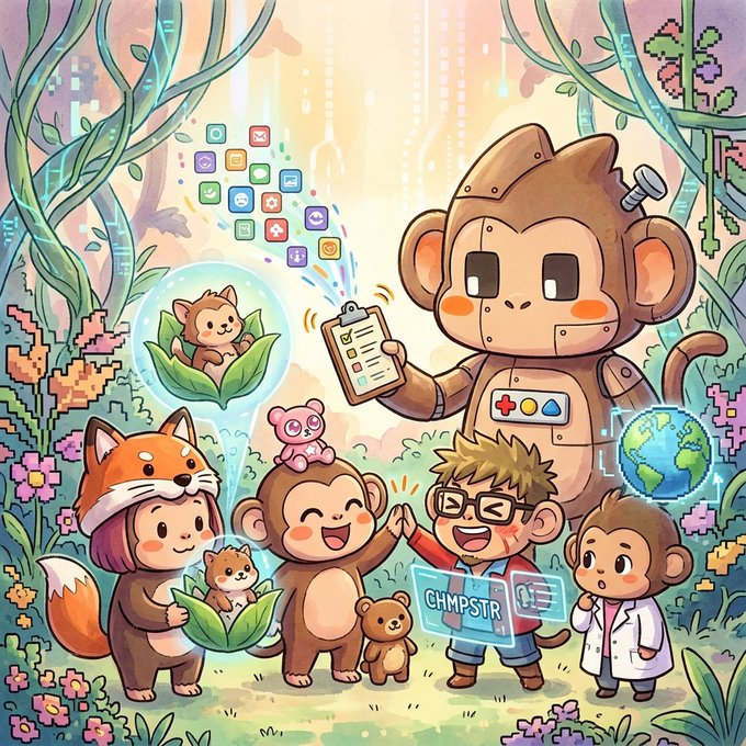 A vibrant cartoon illustration depicts a large robotic monkey with a clipboard and gear symbols surrounded by chibi characters including a fox-person, a girl in a lab coat, and a boy holding a sign reading 'CHIMPSTR', all set in a lush jungle with floating app icons and a holographic Earth.
