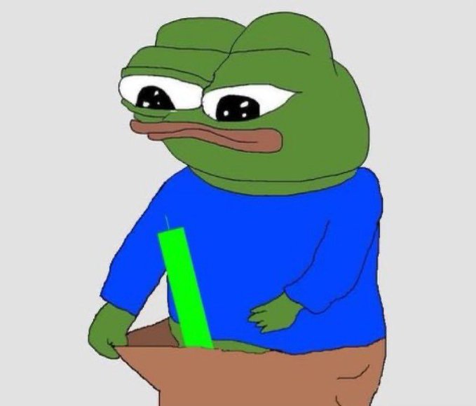 A cartoon depiction of Pepe the Frog wearing a blue sweater, holding a brown briefcase while looking down with large, sad eyes.