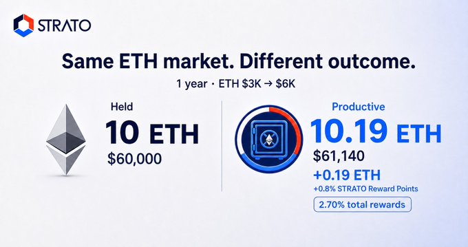 A Strato advertisement comparing holding 10 ETH ($60,000) versus using their productive service to earn 10.19 ETH ($61,140) over 1 year as ETH moved from $3K to $6K, offering 2.70% total rewards.