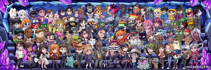 A colorful digital illustration featuring a large group of diverse cartoon characters gathered together, with '@OxAlphaGEMs' watermarked in the bottom right corner.