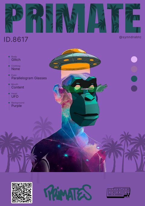 A generative NFT artwork titled "PRIMATE ID.8617" featuring a colorful monkey head with a UFO accessory on a purple background.
