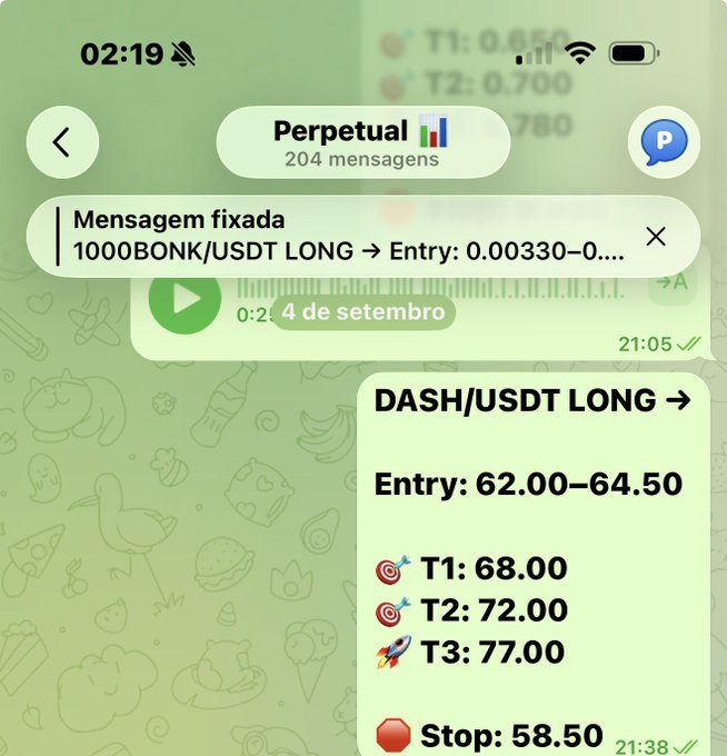 A screenshot showing a Telegram-style chat with a pinned message reading '1000BONDK/USDT LONG → Entry: 0.00330-0...', and a green trading signal for 'DASH/USDT LONG' with entry range 62.00-64.50 and targets T1: 68.00, T2: 72.00, T3: 77.00, with a stop at 58.50.