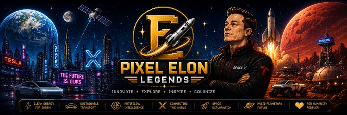 Promotional banner for 'PIXEL ELON LEGENDS' featuring a stylized Elon Musk in a SpaceX jacket, with the tagline 'INNOVATE • EXPLORE • INSPIRE • COLONIZE' and icons referencing Tesla, sustainable transport, AI, X, SpaceX, multi-planetary future, and humanity forever.