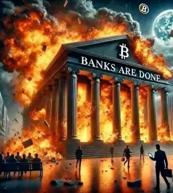A dramatic AI-generated image depicting a burning building labeled 'BANKS ARE DONE' with a Bitcoin logo, featuring people in suits watching the destruction.