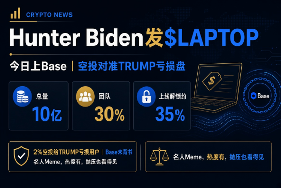 A Chinese-language crypto news graphic titled 'Hunter Biden发$LAPTOP' mentions Base, TRUMP, and shows stats like 10亿 (1 billion) total supply and 30% team allocation.