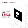 A TRON (TRX) graphic from 'TOSDATA' stating 'Canary Sneaked: 110 ETF is now on Public.'