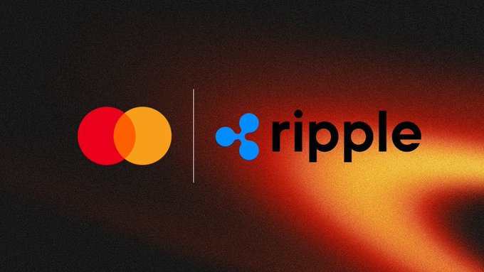 A graphic displays the Mastercard logo alongside the Ripple logo on a dark background with red and orange lighting.
