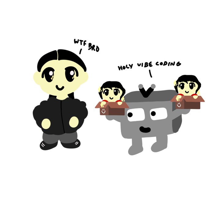 A cartoon shows a character labeled "WTF BRO" watching two identical miniatures at laptops exclaiming "HOLY VIBE CODING" next to a friendly robot mascot, humorously depicting the chaotic, bot-driven mint event described in the caption where automated coding overwhelmed the allocation process.