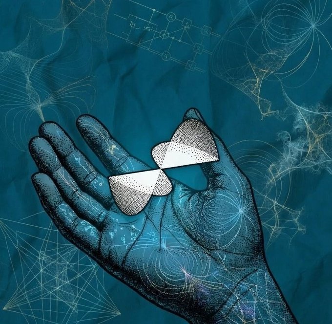 An artistic illustration of a hand holding a bow tie made of circuit board patterns against a teal background with floating dandelion seeds and faint technical drawings.