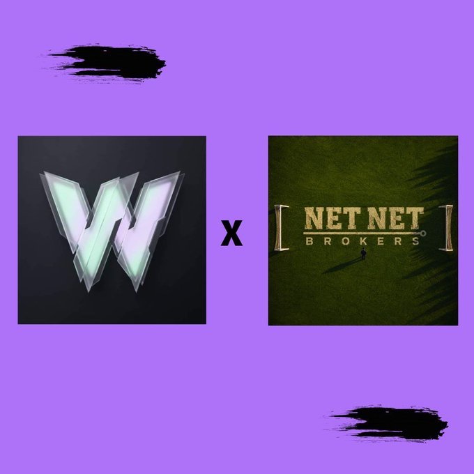 Collaboration announcement graphic on a purple background showing a metallic 'W' logo alongside 'NET NET BROKERS' logo separated by an 'x'.