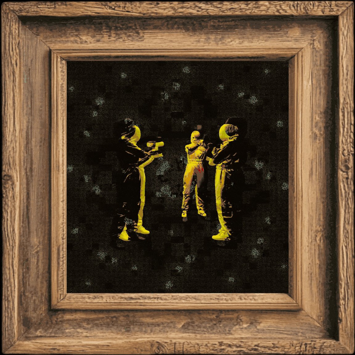The image features a wooden frame with three people depicted inside, each wearing yellow jumpsuits and helmets. They appear to be engaged in an activity or posing for a photo. The background of the image is black, which contrasts with the yellow figures and makes them stand out more prominently. The caption below the image reads: "Turning imagination into something you can see Like + Retweet Drop EVM". This phrase suggests that the image was created to be shared on social media platforms or other online spaces where people often share interesting or visually appealing content.