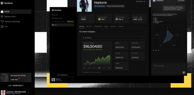 Screenshots of a cryptocurrency platform interface showing wallet analytics for 'Neptune' with a portfolio value of '$16,304.60' and a performance graph.