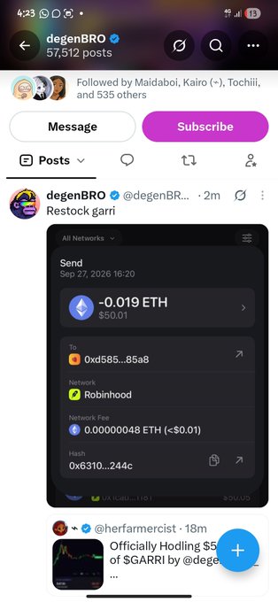 A mobile screenshot of a Twitter post by degenBRO (@degenBR) sharing an Ethereum transaction of approximately 0.019 ETH (~$50.01) sent via Robinhood to address 0xd585...85a8.