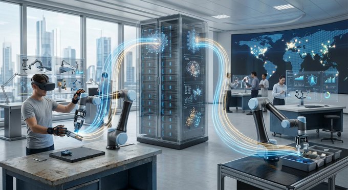 A futuristic laboratory scene featuring a person in a VR headset working alongside robotic arms, with glowing data streams connecting to server racks.
