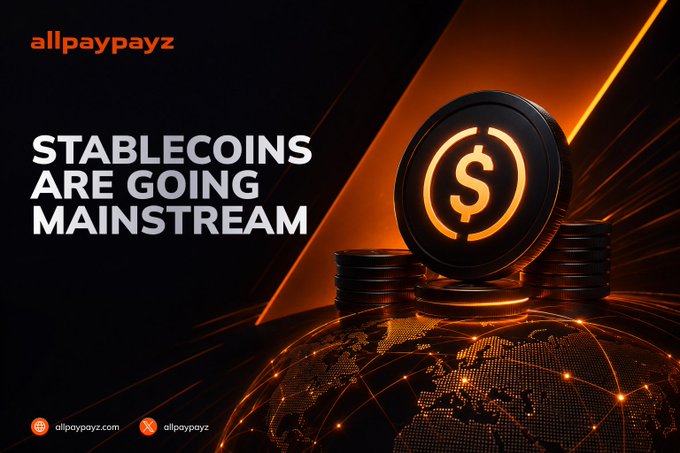 A promotional graphic with the text 'allpaypayz STABLECOINS ARE GOING MAINSTREAM' featuring a glowing dollar sign coin on a globe with orange lighting.