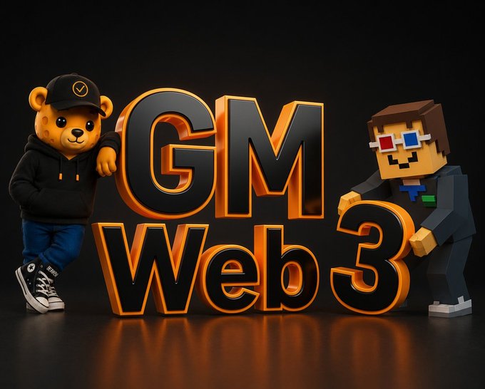 3D rendered graphic with the text 'GM Web 3' in large orange and black letters, flanked by a teddy bear wearing a black hoodie and cap on the left, and a blocky, pixelated character in a suit with 3D glasses on the right.