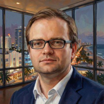 A painted portrait of a middle-aged man with glasses and a blue blazer, with a cityscape featuring high-rise buildings and a coastline visible through a window behind him.