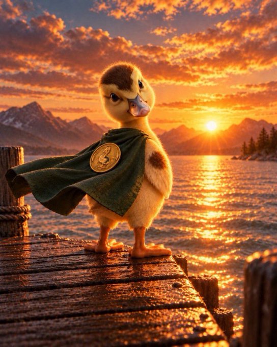 An adorable duckling wearing a green cape with a gold medallion stands heroically on a wooden dock at sunset, with mountains and a lake in the background.