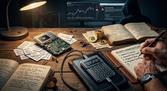 A person in a hoodie is seen working at a desk filled with a hardware wallet device with exposed circuitry, a notebook titled "Security Migration Plan" with steps like "Update Firmware," "Generate New Seed," and "Migrate Funds," along with cryptocurrency coins, a computer screen showing a market chart, and handwritten notes on a security checklist—visually reinforcing CZ's warning that even hardware wallets like Coldcard can have vulnerabilities, and the importance of diversifying funds across multiple wallets to mitigate risk.