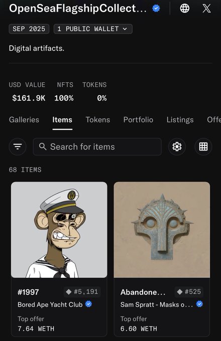 A screenshot of an OpenSea profile for 'OpenSeaFlagshipCollect...' showing a portfolio value of $161.9K with 68 items, including a Bored Ape Yacht Club NFT (#1997) and a Sam Spratt 'Abandone...' Mask of the Lunar (digital artwork of a tribal mask with elongated features).