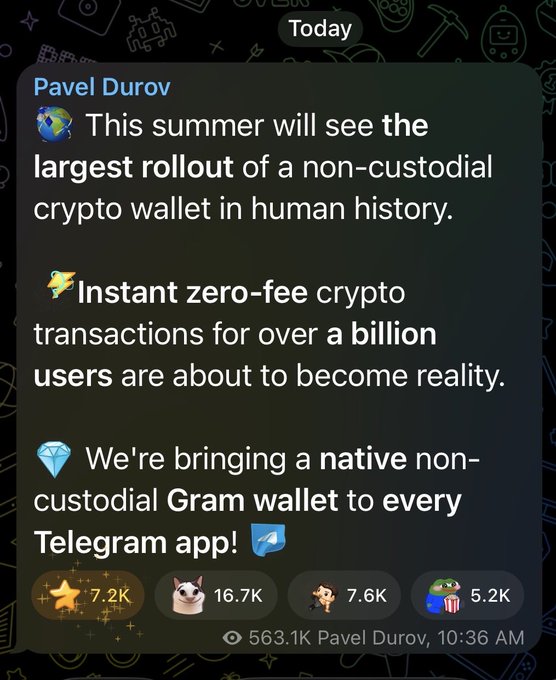 A Telegram post by Pavel Durov announcing the largest rollout of a non-custodial crypto wallet in history, featuring instant zero-fee transactions for over a billion users and a native Gram wallet in Telegram.