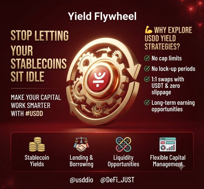 A graphic titled 'Yield Flywheel' with text 'STOP LETTING YOUR STABLECOINS SIT IDLE' and 'WHY EXPLORE USDD YIELD STRATEGIES?' listing benefits like 'No cap limits' and 'No lock-up periods', featuring a central gear mechanism and icons for Stablecoin Yields, Lending & Borrowing, Liquidity Opportunities, and Flexible Capital Management.